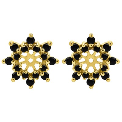 0.48 Carat Black Round Prong Cluster Halo Earring Jacket in Yellow Gold