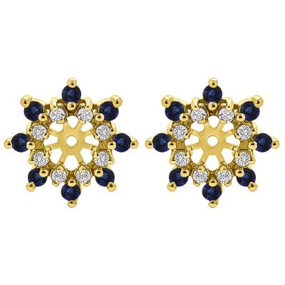 0.96 Carat Sapphire and Diamond Round Double Row Halo Earring Jacket in Yellow Gold