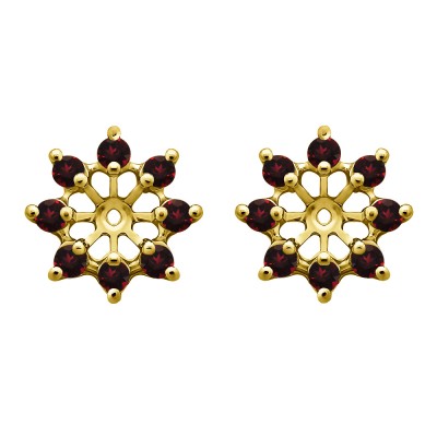 0.96 Carat Ruby Round Shared Prong Halo Earring Jacket in Yellow Gold