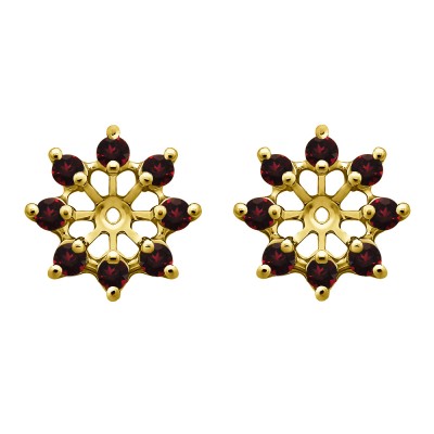 0.96 Carat Ruby Round Shared Prong Halo Earring Jacket in Yellow Gold