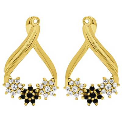 0.51 Carat Black and White Bypass Round Flower Earring Jackets in Yellow Gold