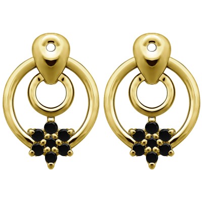 0.28 Carat Black Double Circle Flower Dangle Earring Jackets in Yellow Gold