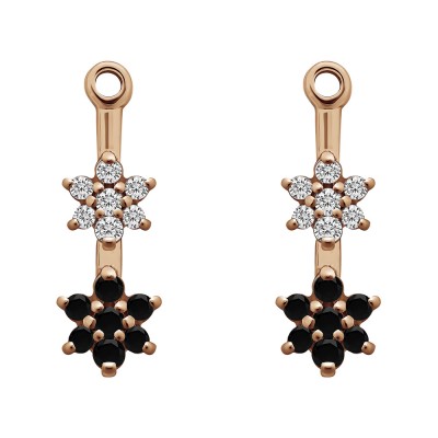 0.19 Carat Black and White Double Flower Dangle Earring Jackets in Rose Gold