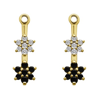 0.19 Carat Black and White Double Flower Dangle Earring Jackets in Yellow Gold