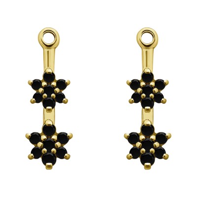 0.19 Carat Black Double Flower Dangle Earring Jackets in Yellow Gold