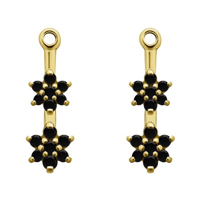 0.19 Carat Black Double Flower Dangle Earring Jackets in Yellow Gold