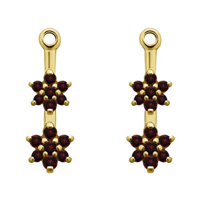 0.19 Carat Ruby Double Flower Dangle Earring Jackets in Yellow Gold