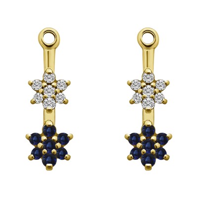 0.19 Carat Sapphire and Diamond Double Flower Dangle Earring Jackets in Yellow Gold