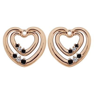 0.22 Carat Black and White Double Heart Shaped Earring Jackets in Rose Gold