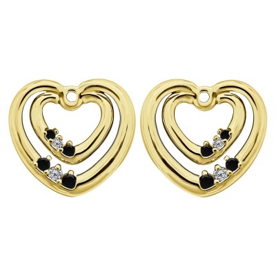 0.22 Carat Black and White Double Heart Shaped Earring Jackets in Yellow Gold