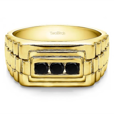 0.3 Ct. Black Three Stone Men's Wedding Ring with Ribbed Edges in Yellow Gold