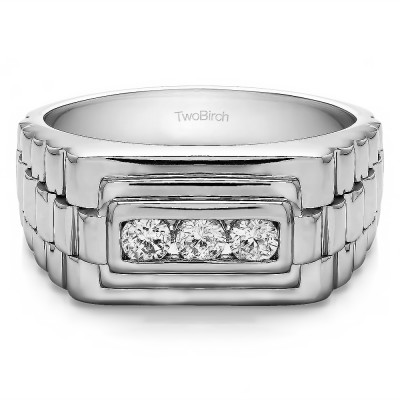 0.3 Ct. Three Stone Men's Wedding Ring with Ribbed Edges