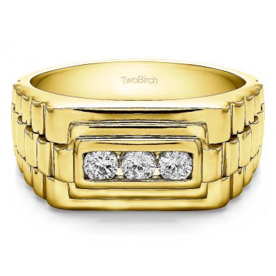 0.3 Ct. Three Stone Men's Wedding Ring with Ribbed Edges in Yellow Gold