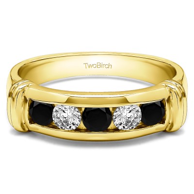 1 Ct. Black and White Five Stone Channel Set Men's Band With Raised Edges in Yellow Gold