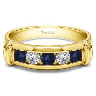 1 Ct. Sapphire and Diamond Five Stone Channel Set Men's Band With Raised Edges in Yellow Gold
