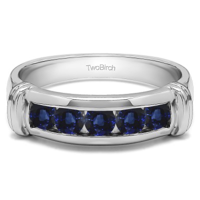 1 Ct. Sapphire Five Stone Channel Set Men's Band With Raised Edges