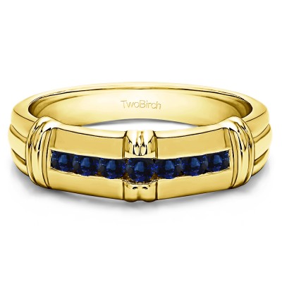 0.31 Ct. Sapphire Seven Stone Channel Set Men's Wedding Ring with Raised Design in Yellow Gold