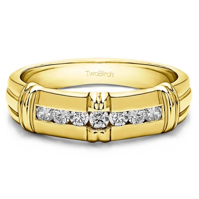 0.31 Ct. Seven Stone Channel Set Men's Wedding Ring with Raised Design in Yellow Gold