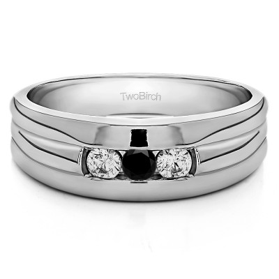0.3 Ct. Black and White Three Stone Channel Set Men's Ring with Ribbed Shank