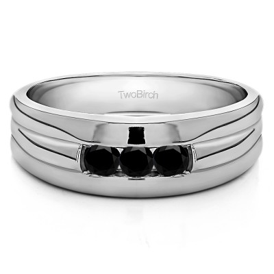 0.3 Ct. Black Three Stone Channel Set Men's Ring with Ribbed Shank