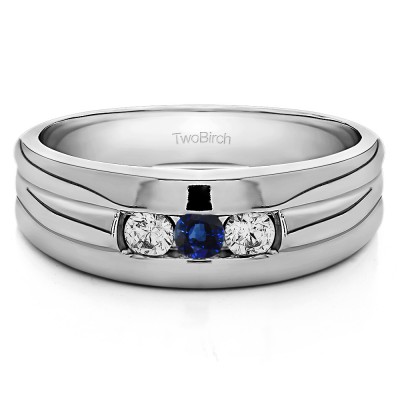 0.3 Ct. Sapphire and Diamond Three Stone Channel Set Men's Ring with Ribbed Shank