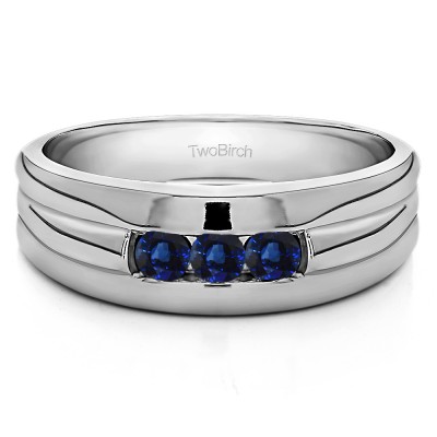 0.3 Ct. Sapphire Three Stone Channel Set Men's Ring with Ribbed Shank