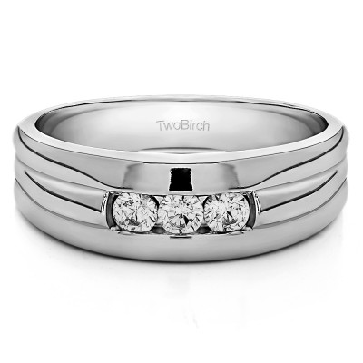 0.3 Ct. Three Stone Channel Set Men's Ring with Ribbed Shank