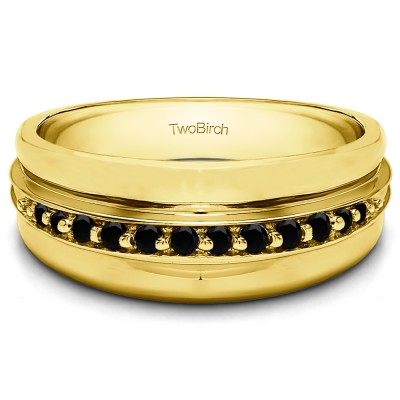 0.2 Ct. Black Stone Thin Prong in Channel Set Men's Wedding Band in Yellow Gold