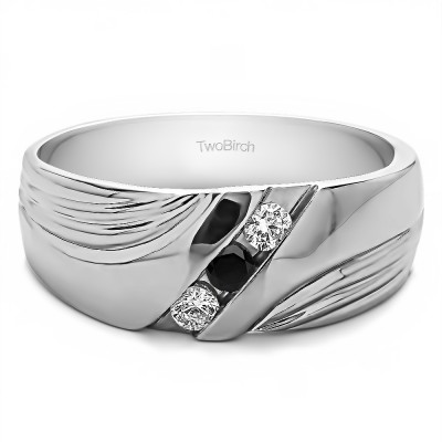 0.3 Ct. Black and White Three Stone Channel Set Ribbed Men's Wedding Band