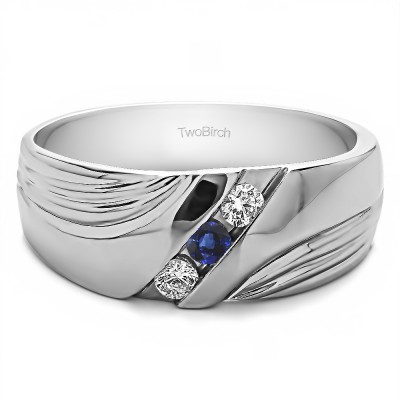 0.3 Ct. Sapphire and Diamond Three Stone Channel Set Ribbed Men's Wedding Band