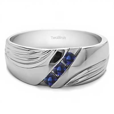 0.3 Ct. Sapphire Three Stone Channel Set Ribbed Men's Wedding Band