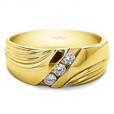 0.3 Ct. Three Stone Channel Set Ribbed Men's Wedding Band in Yellow Gold