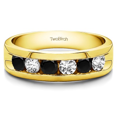 0.99 Ct. Black and White Six Stone Channel Set Gent's Band with Open Ends in Yellow Gold