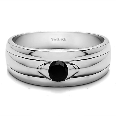 0.25 Ct. Black Stone Burnished Solitaire Men's Wedding Ring with Ribbed Shank