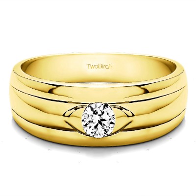 0.95 Ct. Burnished Solitaire Men's Wedding Ring with Ribbed Shank in Yellow Gold