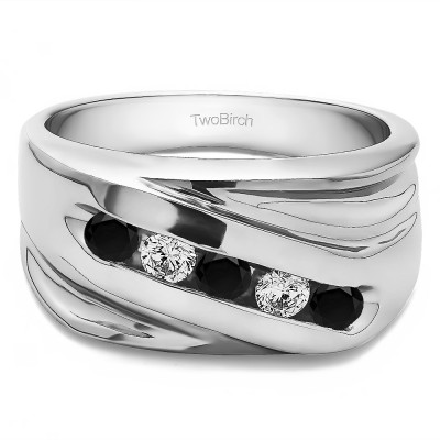 0.5 Ct. Black and White Five Stone Channel Set Ribbed Shank Men's Wedding Band