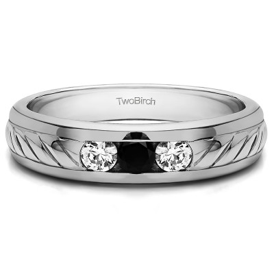 0.5 Ct. Black and White Three Stone Men's Wedding Ring with Ribbed Shank