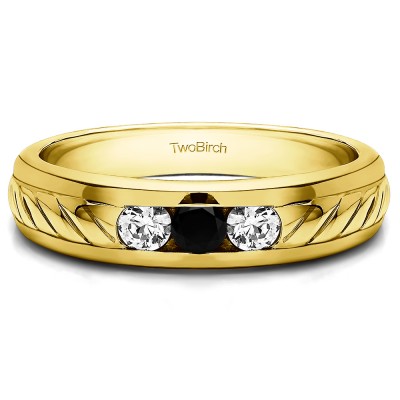0.5 Ct. Black and White Three Stone Men's Wedding Ring with Ribbed Shank in Yellow Gold