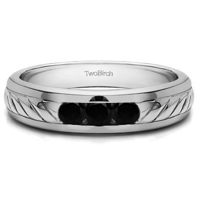 0.5 Ct. Black Three Stone Men's Wedding Ring with Ribbed Shank