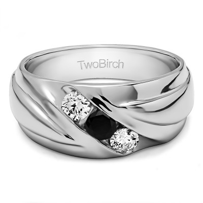0.15 Ct. Black and White Three Stone Channel Set Ribbed Men's Wedding Ring
