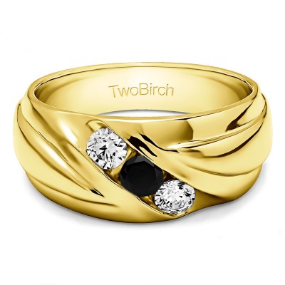 0.15 Ct. Black and White Three Stone Channel Set Ribbed Men's Wedding Ring in Yellow Gold
