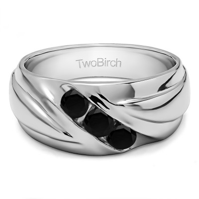 0.15 Ct. Black Three Stone Channel Set Ribbed Men's Wedding Ring