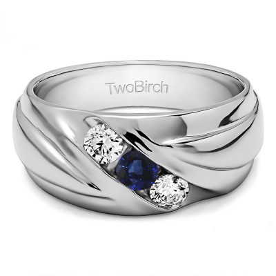 0.15 Ct. Sapphire and Diamond Three Stone Channel Set Ribbed Men's Wedding Ring
