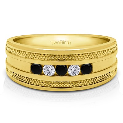 0.25 Ct. Black and White Five Stone Channel Set Men's Wedding Ring with Millgrained Edges in Yellow Gold