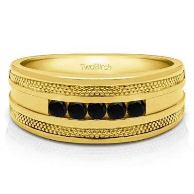 0.25 Ct. Black Five Stone Channel Set Men's Wedding Ring with Millgrained Edges in Yellow Gold