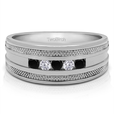 0.5 Ct. Black and White Five Stone Channel Set Men's Wedding Ring with Millgrained Edges