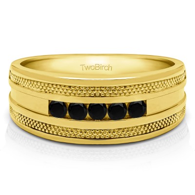 0.5 Ct. Black Five Stone Channel Set Men's Wedding Ring with Millgrained Edges in Yellow Gold
