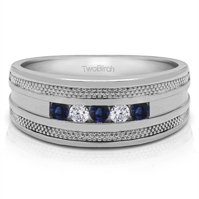 0.5 Ct. Sapphire and Diamond Five Stone Channel Set Men's Wedding Ring with Millgrained Edges