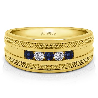 0.5 Ct. Sapphire and Diamond Five Stone Channel Set Men's Wedding Ring with Millgrained Edges in Yellow Gold