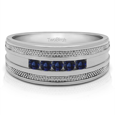 0.5 Ct. Sapphire Five Stone Channel Set Men's Wedding Ring with Millgrained Edges